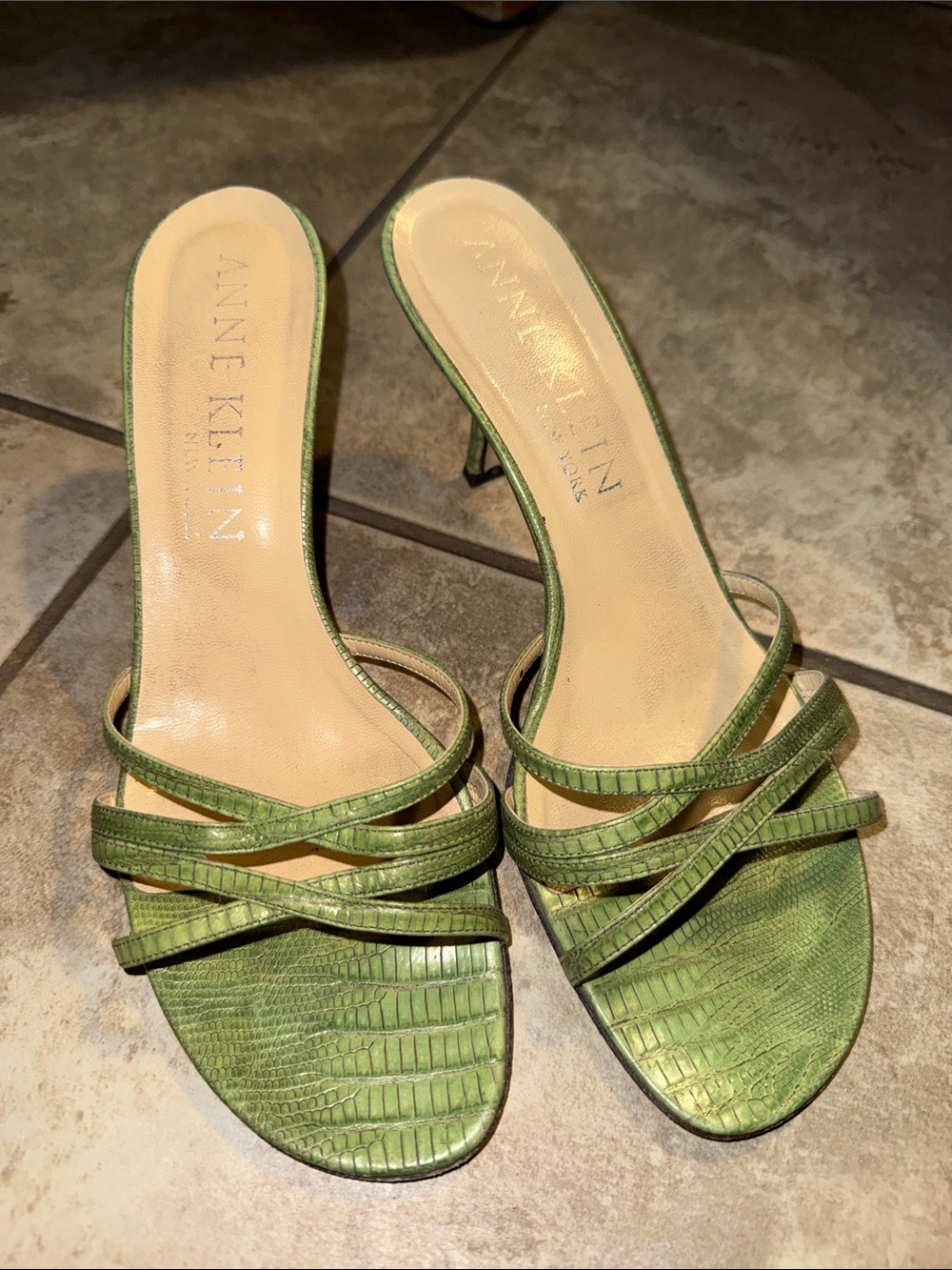 Vintage Anne Klein New York Green Croc Strappy Kitten Heel Mules -Made in Italy